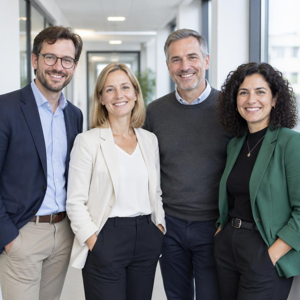 Team of diverse German researchers standing together and smiling