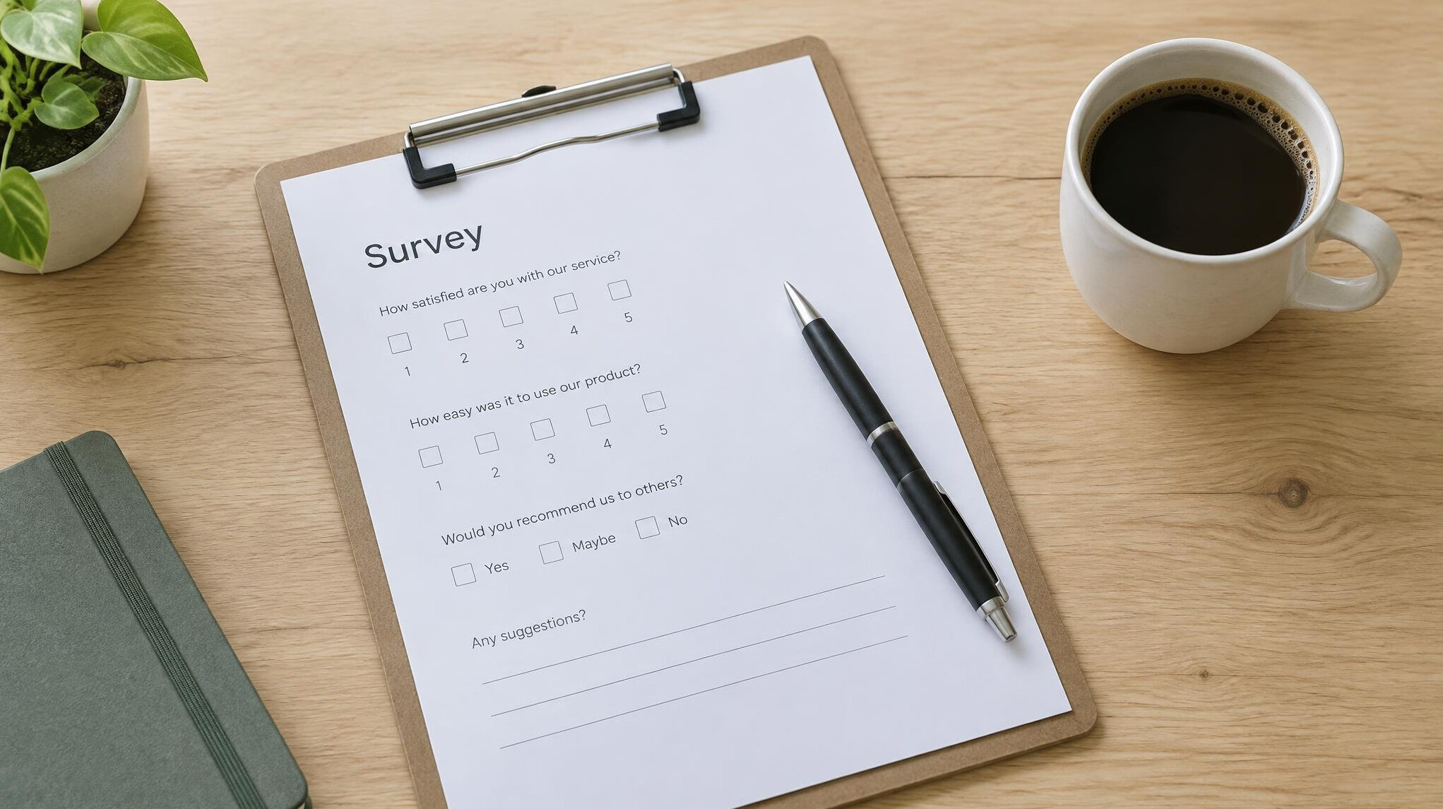 Clipboard with a printed survey questionnaire and pen on a desk