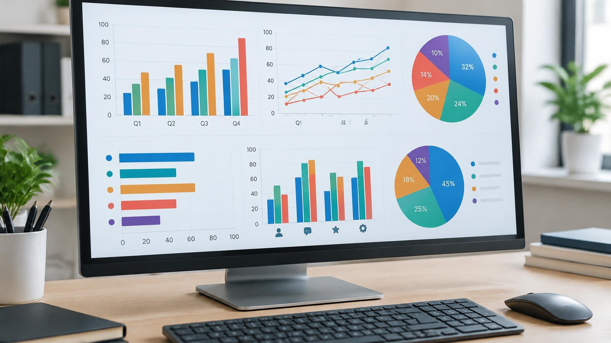 Computer screen displaying colorful statistical charts and graphs